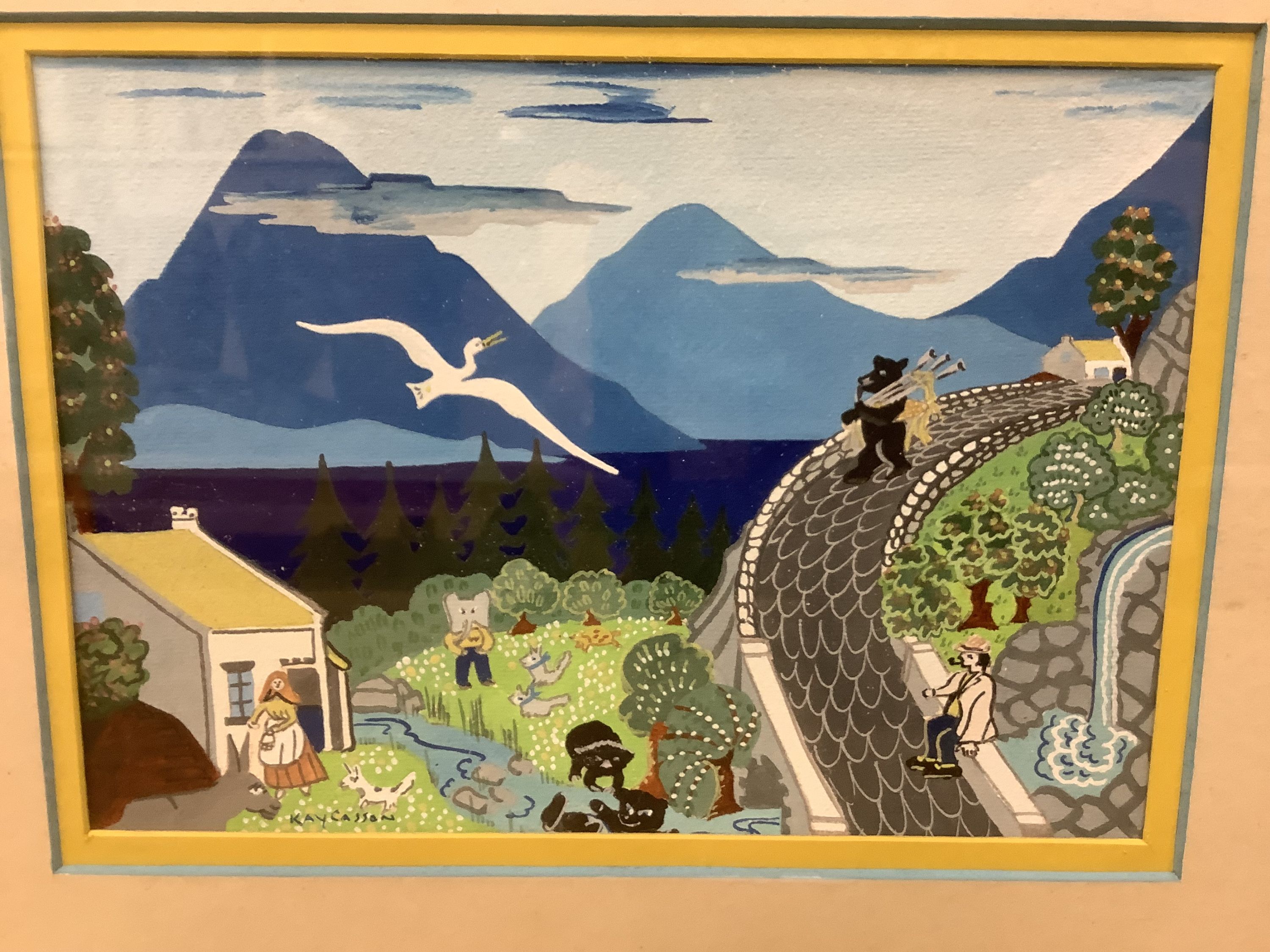 Kay Casson (20th/21st century), gouache, coastal landscape with distant mountains, a bear on a path and other figures and another gouache of Dublin